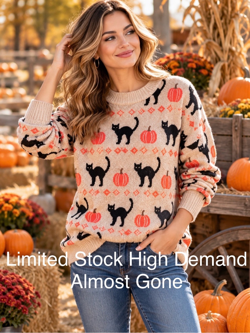 VINCE CAMUTO Women’s Halloween Sweater Tan w/Black Cats & Pumpkins Drop Sleeve